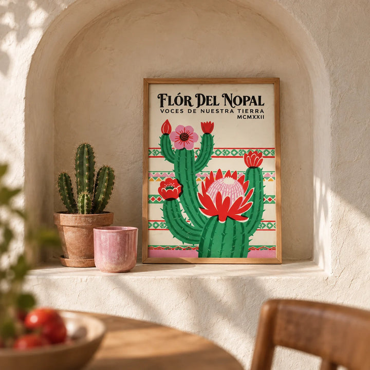 Mexican Folk Art Print, a small A4 framed print leaning on a shelf in a living room
