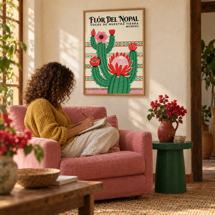 Mexican Folk Art Print, framed on the wall of a warm Mexican-modern living room with limewashed walls
