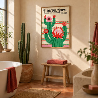 Mexican Folk Art Print, framed on the wall of a warm plaster bathroom with a terracotta floor