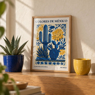 Mexican Folk Art, a small A4 framed print leaning on an oak shelf in a living room