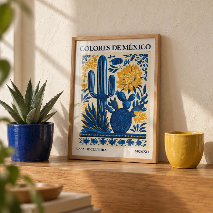 Mexican Folk Art, a small A4 framed print leaning on an oak shelf in a living room