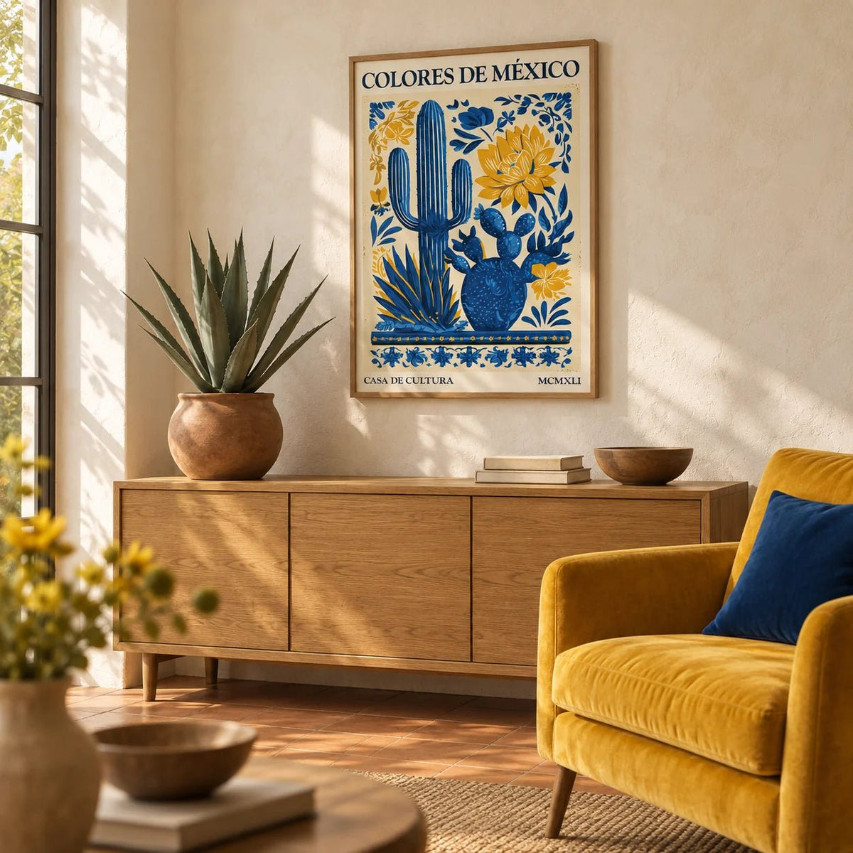 Mexican Folk Art, framed on the wall of a warm Mexican-modern living room with a limewashed cream wall and a plain terracotta floor