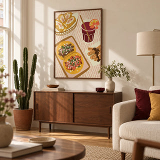 Mexican Food Art Print, framed on the wall of a design-led living room in a Victorian conversion with a pale cream plaster wall and warm timber flooring