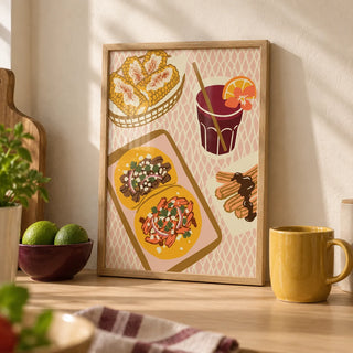 Mexican Food Art Print, a small A4 framed print leaning on a pale oak kitchen worktop