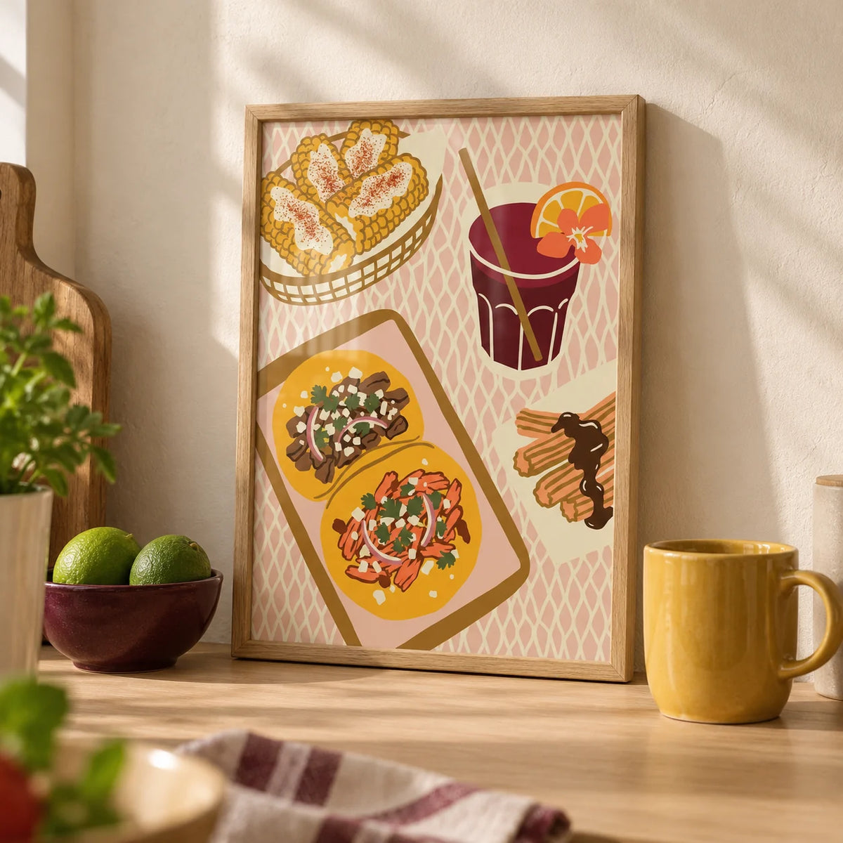 Mexican Food Art Print, a small A4 framed print leaning on a pale oak kitchen worktop