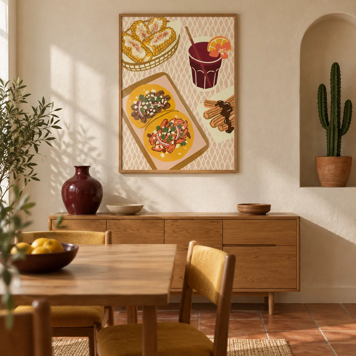Mexican Food Art Print, framed on the wall of a warm Mexican-modern dining room in a UK terraced house with cream limewashed walls and terracotta floor tiles