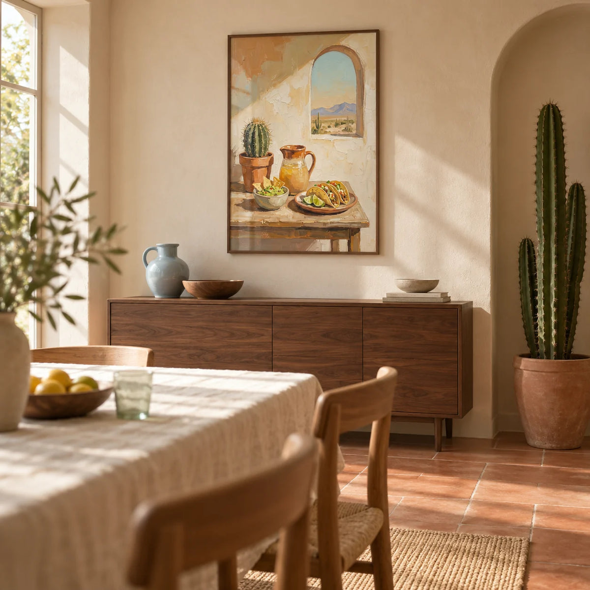 Mexican Food Art, framed on the wall of a relaxed dining room in a renovated UK family home with warm cream plaster walls