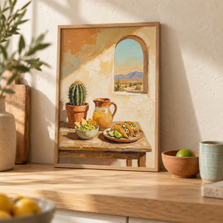 Mexican Food Art, a small A4 framed print leaning on a pale oak kitchen worktop
