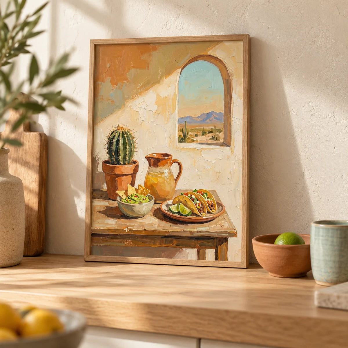 Mexican Food Art, a small A4 framed print leaning on a pale oak kitchen worktop