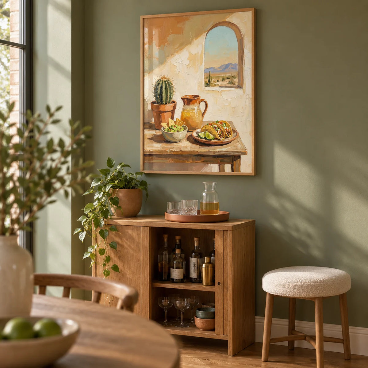 Mexican Food Art, framed on the wall of a small home bar corner in an open-plan UK dining room with a muted cactus green wall and warm oak flooring