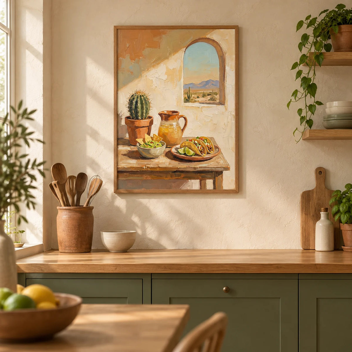 Mexican Food Art, framed on the wall of a warm kitchen in a UK terraced house with cream limewashed walls