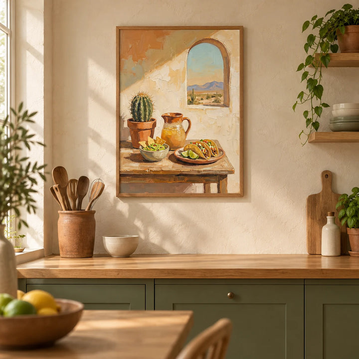 Mexican Food Art, framed on the wall of a warm kitchen in a UK terraced house with cream limewashed walls