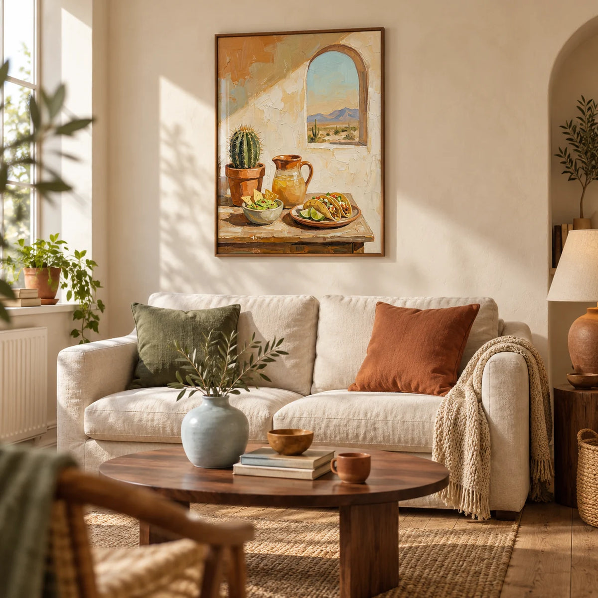 Mexican Food Art, framed on the wall of a warm living room in a UK flat with cream limewashed walls and wide oak floorboards