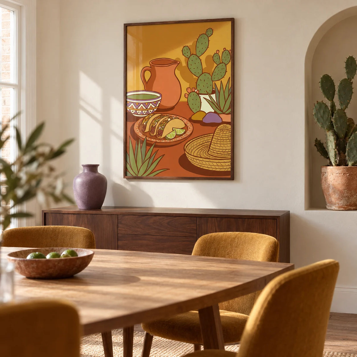 Mexican Food Print, framed on the wall of a Mexican-modern dining room in a renovated UK terrace with a warm ivory wall and a shallow arched niche