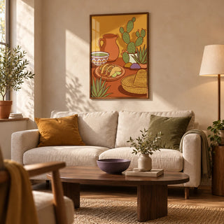Mexican Food Print, framed on the wall of a relaxed contemporary living room in a UK flat with a pale clay plaster wall and oak flooring