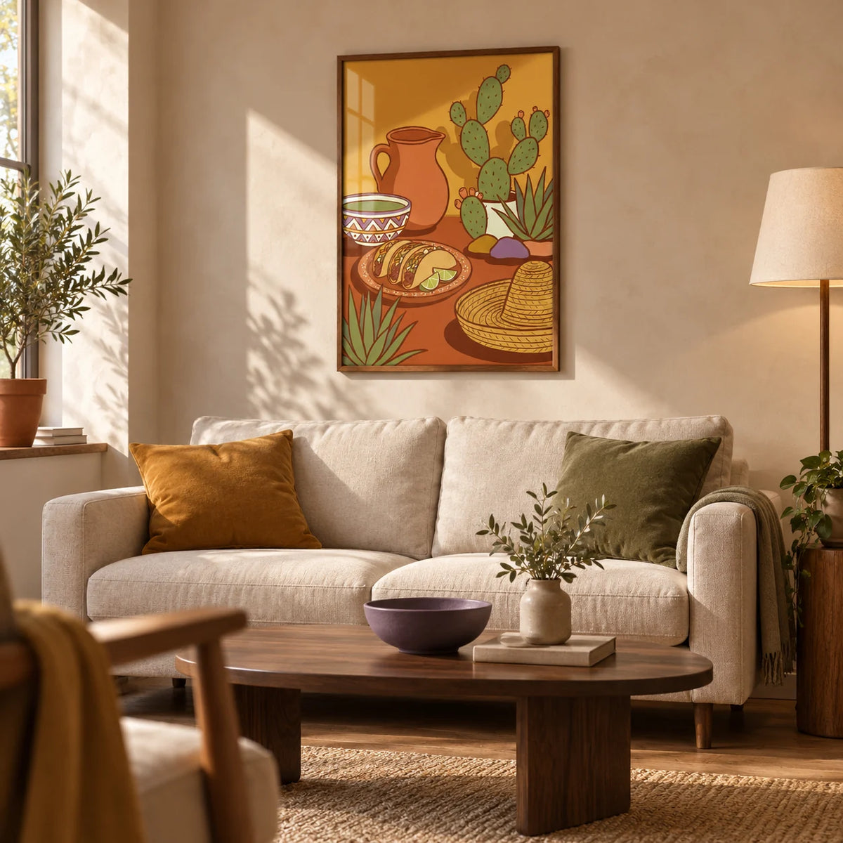 Mexican Food Print, framed on the wall of a relaxed contemporary living room in a UK flat with a pale clay plaster wall and oak flooring