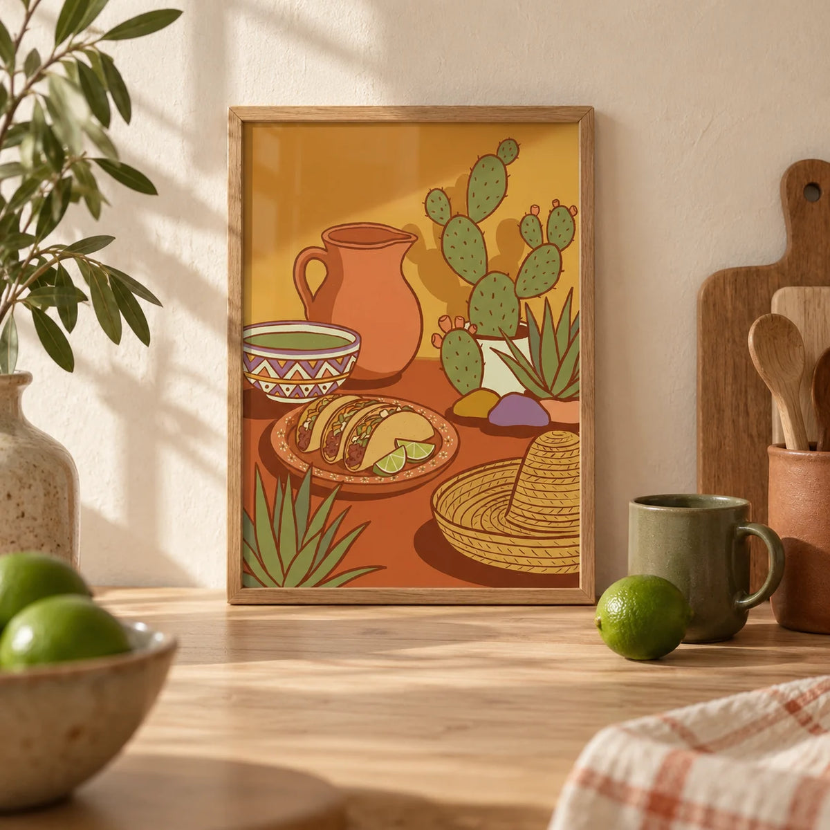 Mexican Food Print, a small A4 framed print leaning on a pale oak kitchen worktop