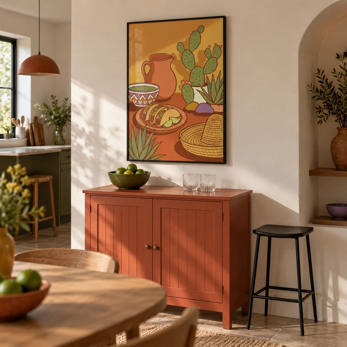 Mexican Food Print, framed on the wall of a small home bar corner within an open-plan UK kitchen-dining room with a warm white wall