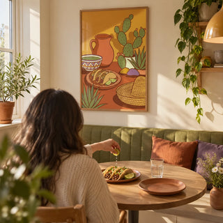Mexican Food Print, framed on the wall of a sunny breakfast nook in a compact UK first flat for a couple aged 25-35 with a soft cream wall in a kitchen