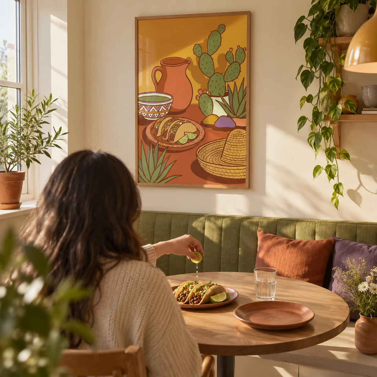 Mexican Food Print, framed on the wall of a sunny breakfast nook in a compact UK first flat for a couple aged 25-35 with a soft cream wall in a kitchen