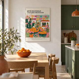 Mexican Kitchen Decor, framed on the wall of a open-plan kitchen-diner with solid green kitchen units and white plaster walls