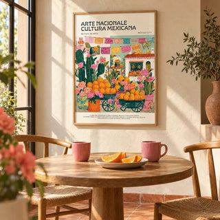 Mexican Kitchen Decor, framed on the wall of a sunny breakfast corner with warm plaster walls and a terracotta floor