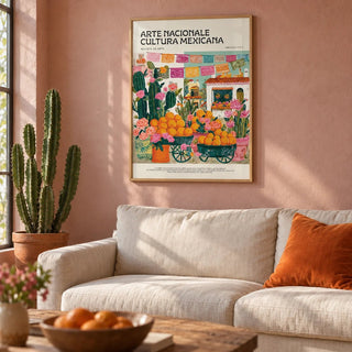 Mexican Kitchen Decor, framed on the wall of a warm living room with a dusty pink limewashed wall
