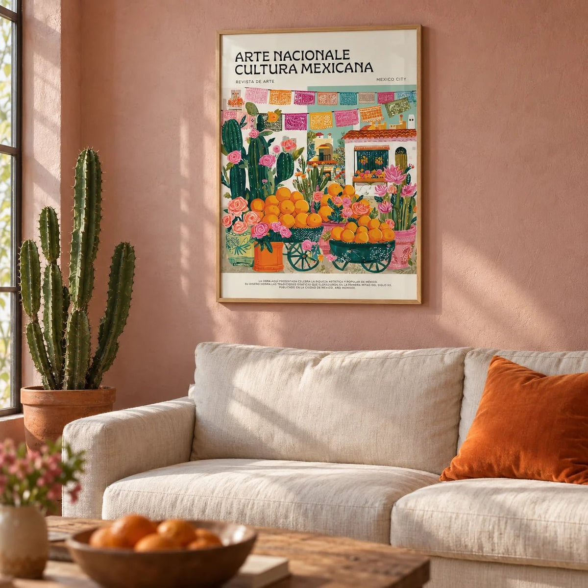 Mexican Kitchen Decor, framed on the wall of a warm living room with a dusty pink limewashed wall