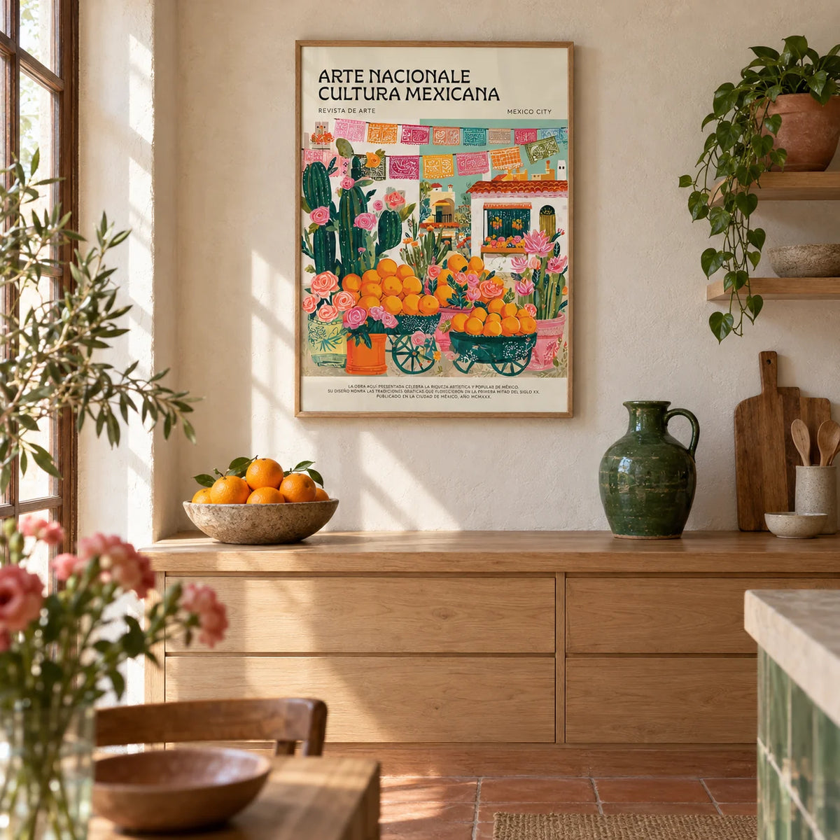 Mexican Kitchen Decor, framed on the wall of a warm Mexican-modern kitchen with limewashed plaster walls and a terracotta floor