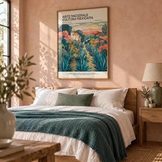 Mexican Landscape Art, framed on the wall of a calm hacienda bedroom with a soft blush limewashed wall