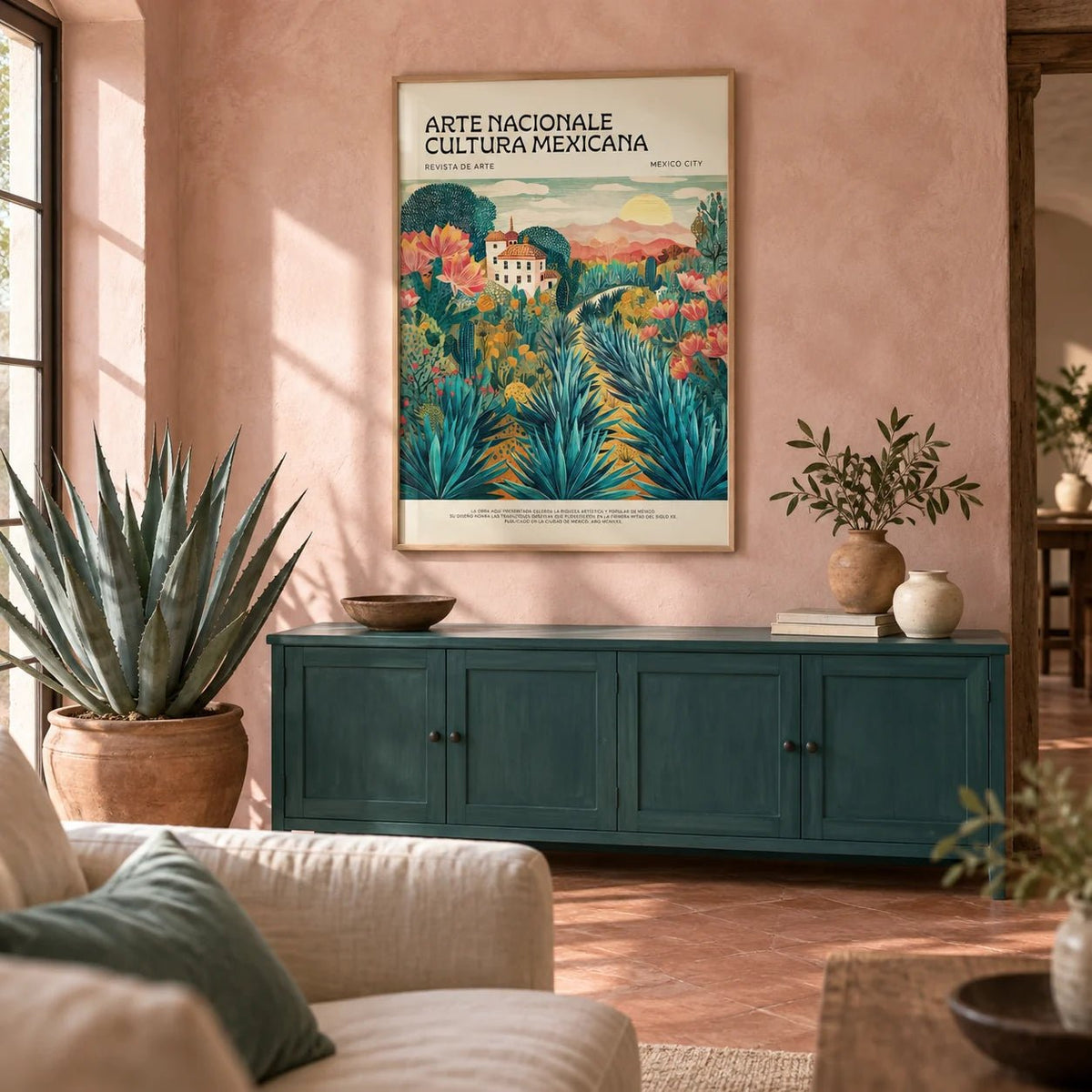 Mexican Landscape Art, framed on the wall of a calm Mexican-hacienda living room with a blush pink limewashed wall and a plain terracotta floor
