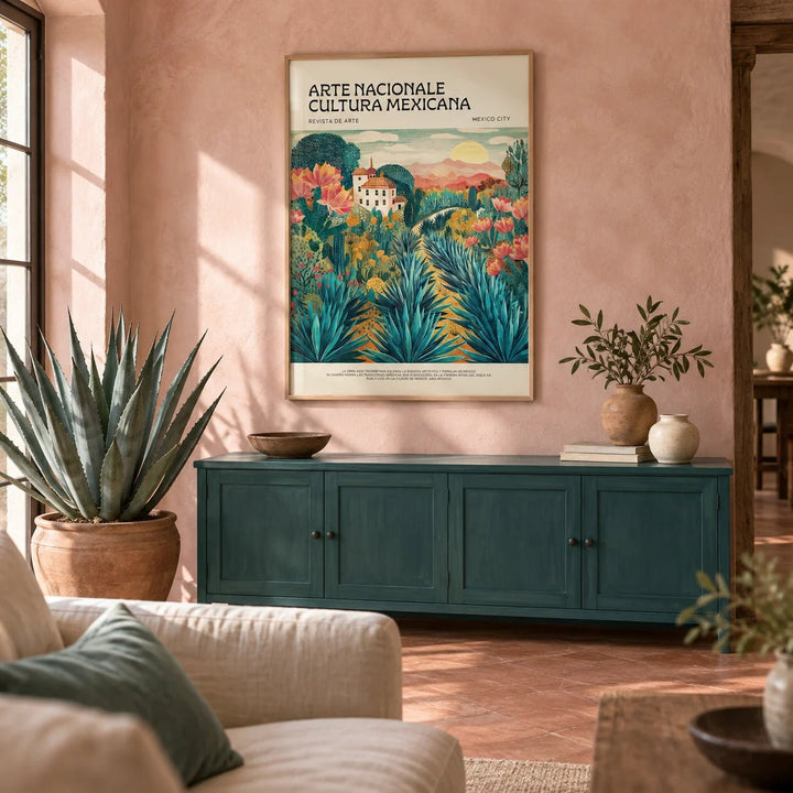 Mexican Landscape Art, framed on the wall of a calm Mexican-hacienda living room with a blush pink limewashed wall and a plain terracotta floor