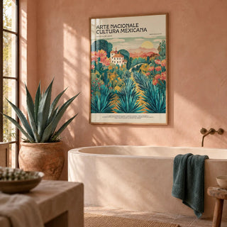 Mexican Landscape Art, framed on the wall of a hacienda bathroom with smooth blush plaster walls