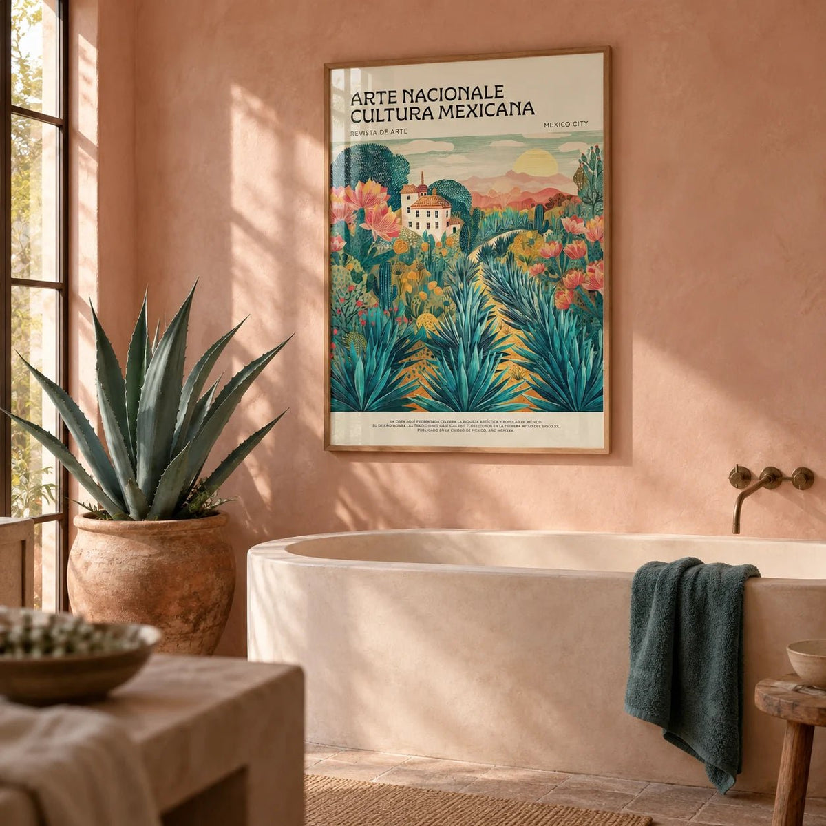 Mexican Landscape Art, framed on the wall of a hacienda bathroom with smooth blush plaster walls