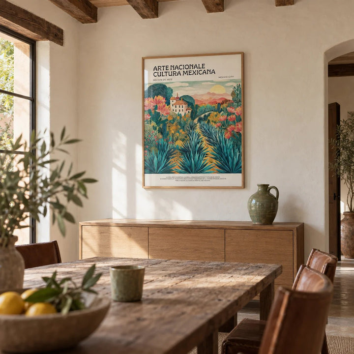 Mexican Landscape Art, framed on the wall of a hacienda-style dining room with wooden ceiling beams and limewashed walls