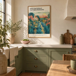 Mexican Landscape Art, framed on the wall of a Mexican-modern kitchen with solid sage green painted cabinets and warm white plaster walls