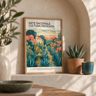 Mexican Landscape Art, a small A4 framed print leaning on a shelf in a living room