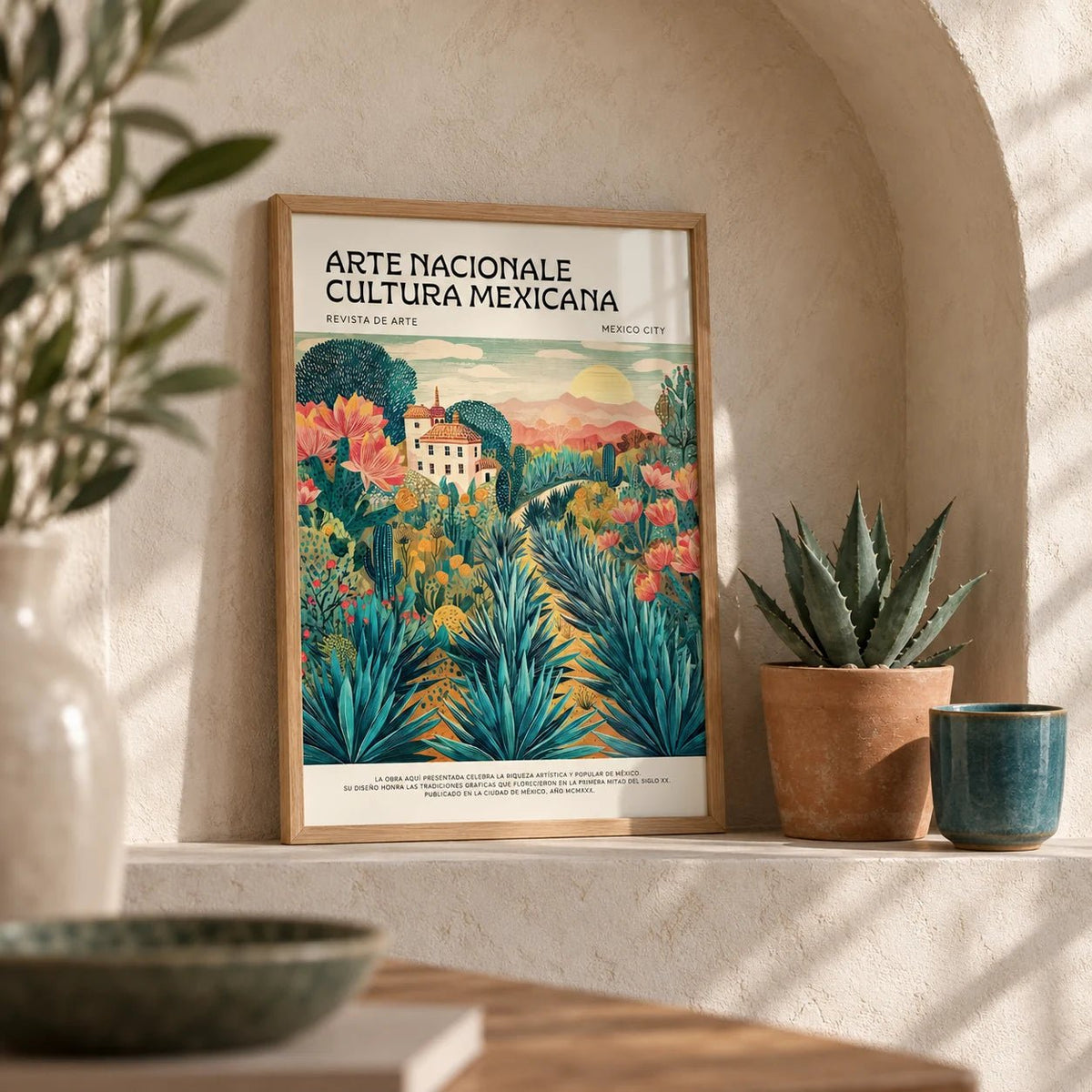 Mexican Landscape Art, a small A4 framed print leaning on a shelf in a living room
