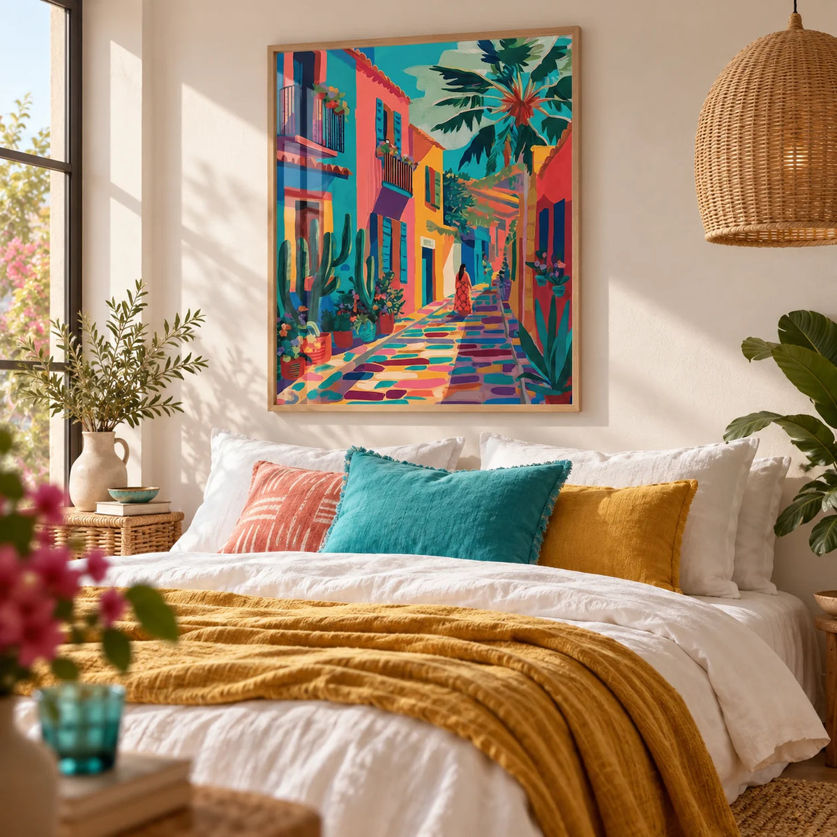 Mexican Street Art, framed on the wall of a bright bedroom
