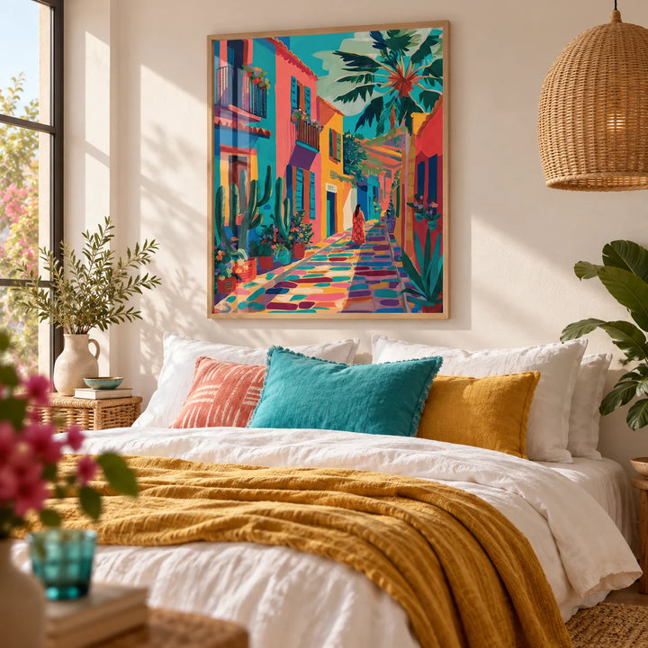 Mexican Street Art, framed on the wall of a bright bedroom