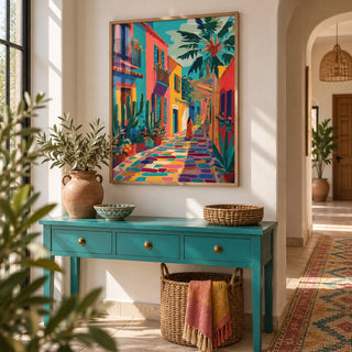 Mexican Street Art, framed on the wall of a bright hallway