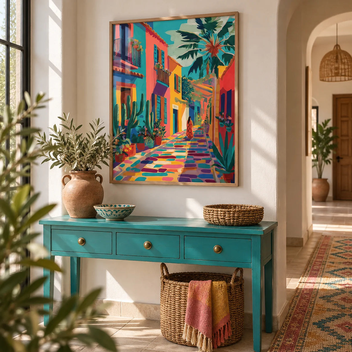 Mexican Street Art, framed on the wall of a bright hallway