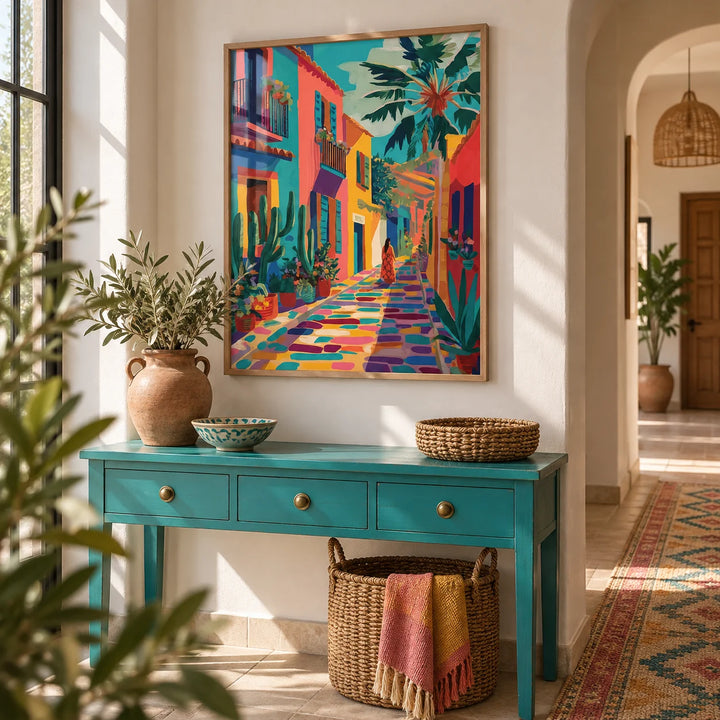 Mexican Street Art, framed on the wall of a bright hallway