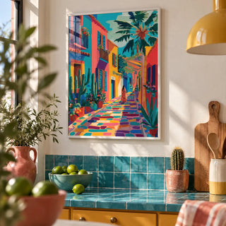 Mexican Street Art, framed on the wall of a colourful kitchen