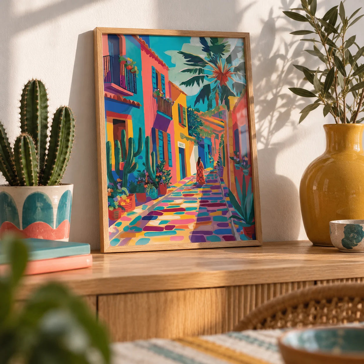 Mexican Street Art, a small A4 framed print leaning on a shelf in a living room