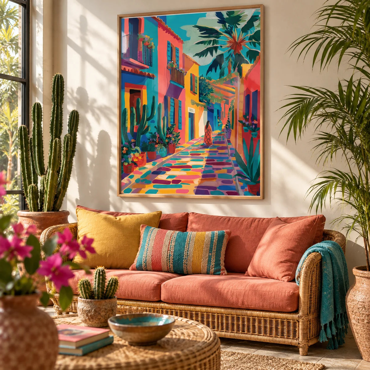 Mexican Street Art, framed on the wall of a sunny garden room in a living room