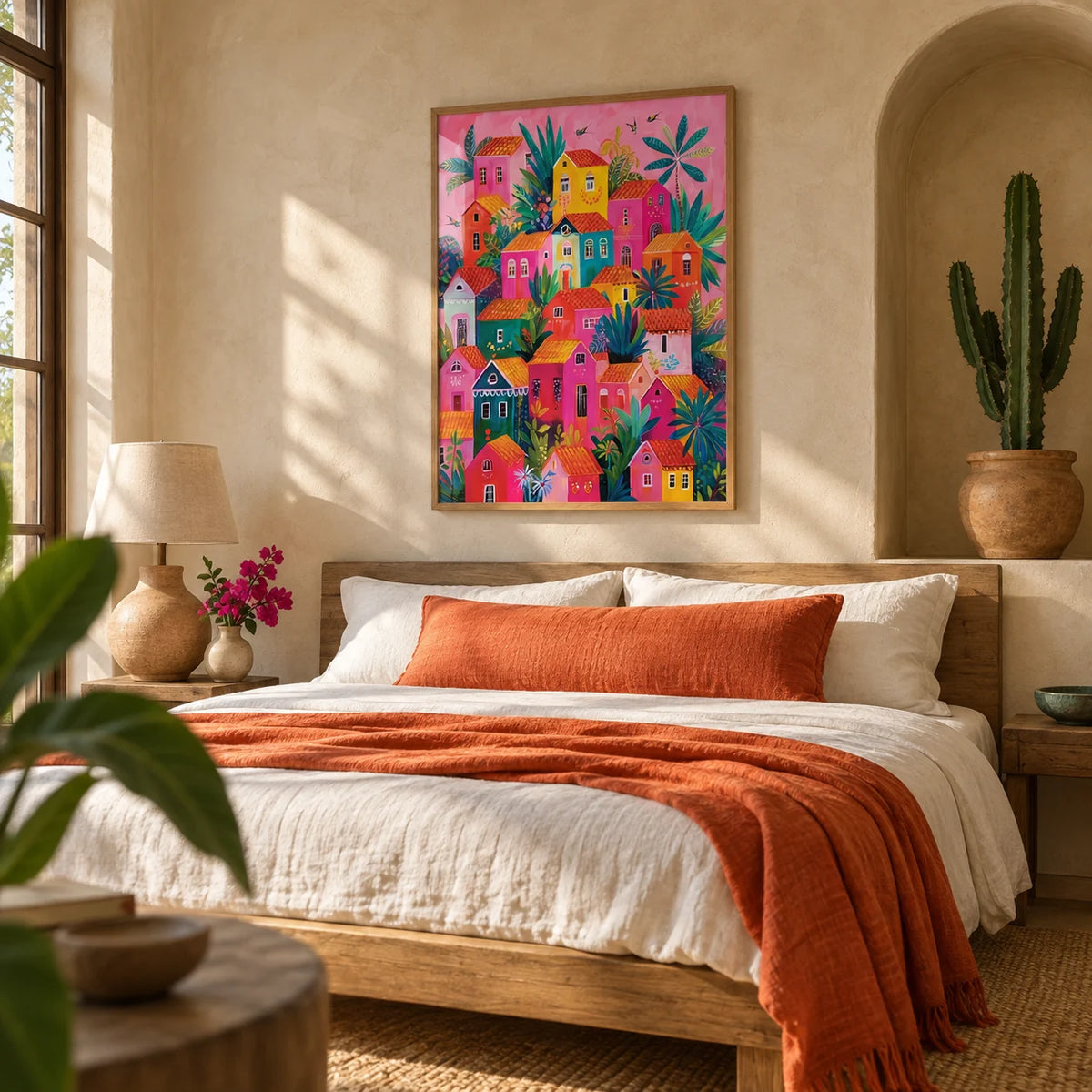 Mexican Village Painting, framed on the wall of a calm Mexican-modern bedroom with warm limewashed walls and an arched plaster niche