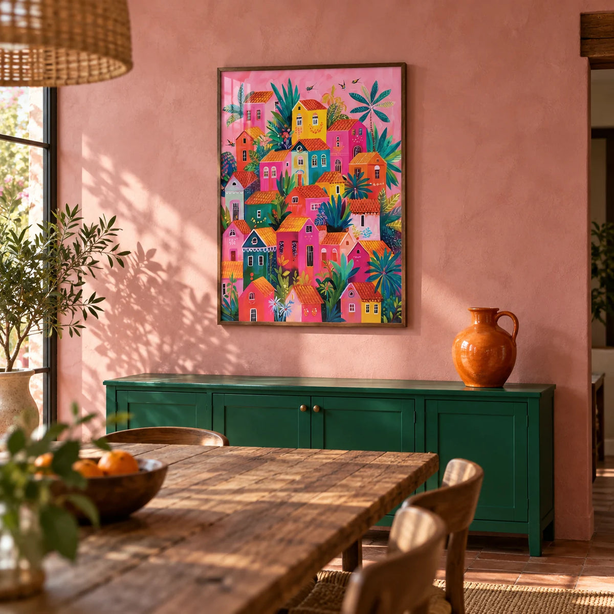 Mexican Village Painting, framed on the wall of a Mexican-modern dining room with a dusty pink limewashed wall