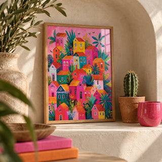 Mexican Village Painting, a small A4 framed print leaning on a shelf in a living room