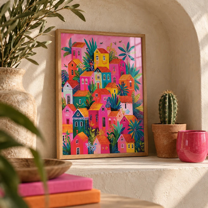 Mexican Village Painting, a small A4 framed print leaning on a shelf in a living room